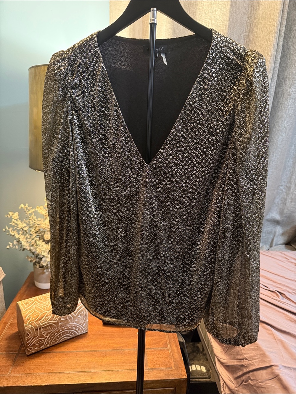 1. State Black Blouse with Gold Metallic Print V-Neck Long Sleeve